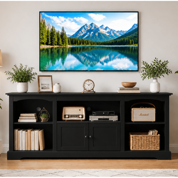 GTPLAYER 71" TV Stand for TVs up to 80",Mid Century Entertainment Center with Storage Shelves, Black