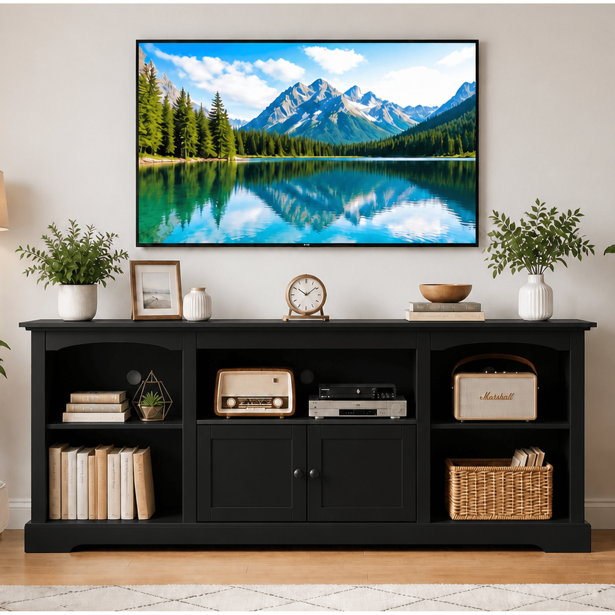 GTPLAYER 71" TV Stand for TVs up to 80",Mid Century Entertainment Center with Storage Shelves, Black