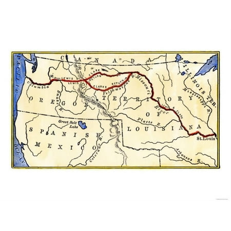 Map of the Lewis and Clark Route across Louisiana Territory, c.1804-1806 Print Wall (Best Route Across Usa)