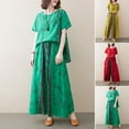 thumbnail image 1 of PENGXIANG 2Pcs/Set O-Neck Short Sleeve Elastic Waist Slant Pockets Plus Size Top Pants Set Fashionable Print Loose T-shirt Wide Leg Long Pants Female Clothing, 1 of 1