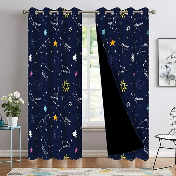 Constellation Curtains For Kids Bedroom Cartoon Art Black Galaxy White Constellation Colorful Stars Symbol Pattern Window Drapes, Blackout Grommet Curtains 42"W x 63"L (Pack of 2)