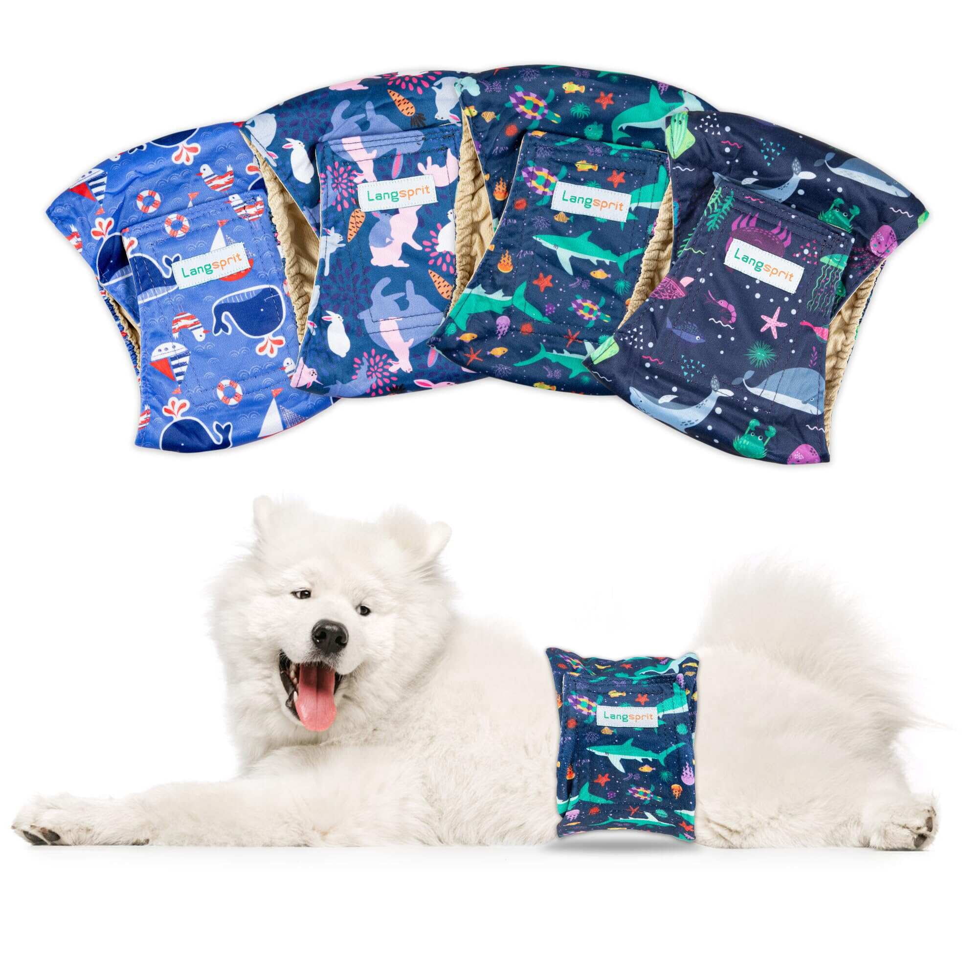 Langsprit Male Belly Bands for Dogs (Pack of 4) - High Absorbing Dog Wraps Male Washable - Reusable Male Dog Diapers(Shark，Tortoise，Rabbit，Whale)XL