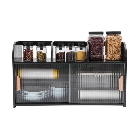ToppiJoy Bamboo Storage Cabinet, Small Pantry Sideboard with Sliding Doors, Dining Countertop Organizer for Kitchen