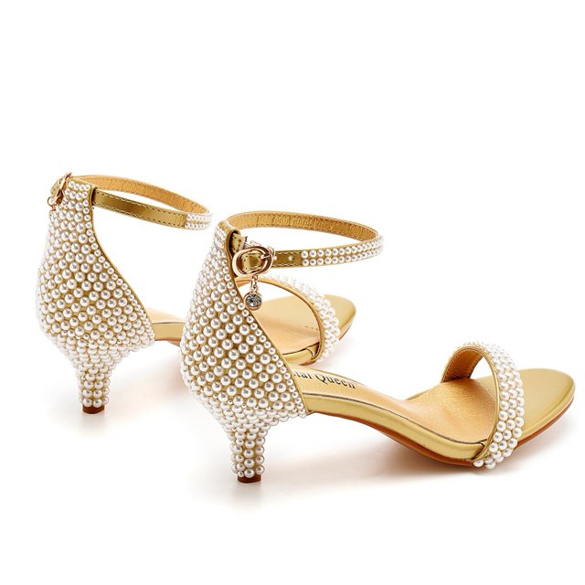 Sandalias de tacón alto con tacón bajo y boca baja, zapatos de boda nupciales con perlas blancas