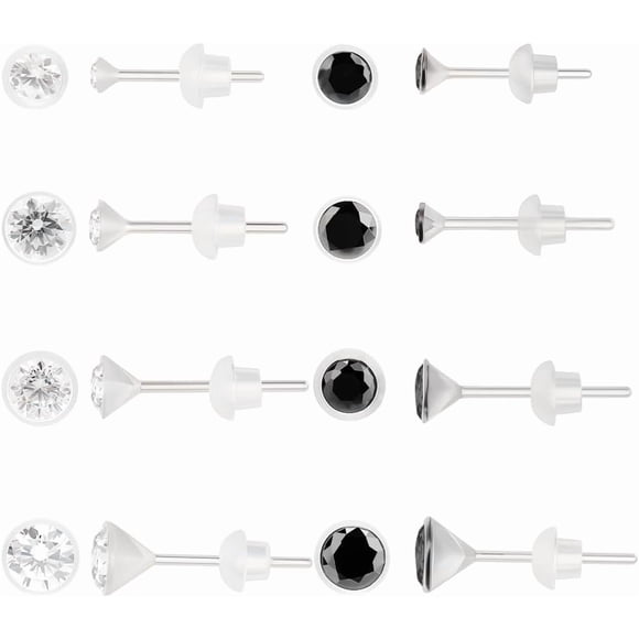 16 Pairs 8 Styles Resin Stud Earrings Clear Black Flat Round Micro Pave Cubic Zirconia Post Earrings with 1 Box for Sensitive Skin Multiple Piercing Women Birthday Anniversary Jewelry Gift