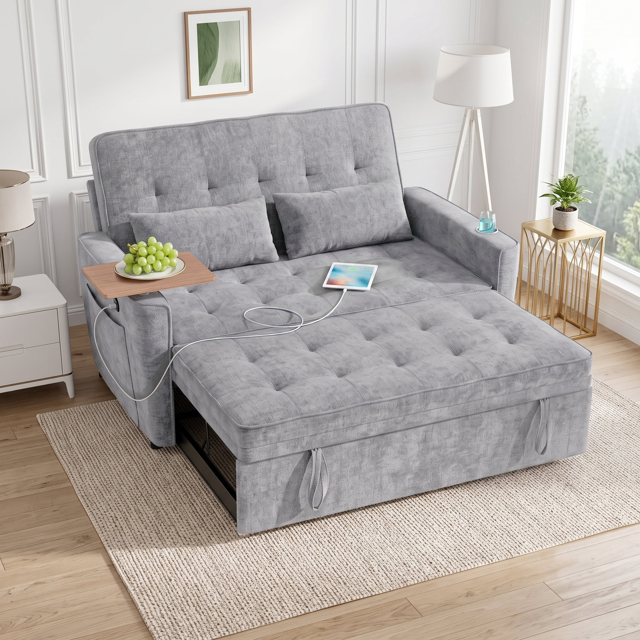AISWORD 54" Convertible Pull Out Sleeper Sofa Bed, Chenille Loveseat Couch with USB Port, Side Tray Table, Cup Holder, Storage Pockets & Adjustable Backrest for Small Spaces, Light Gray