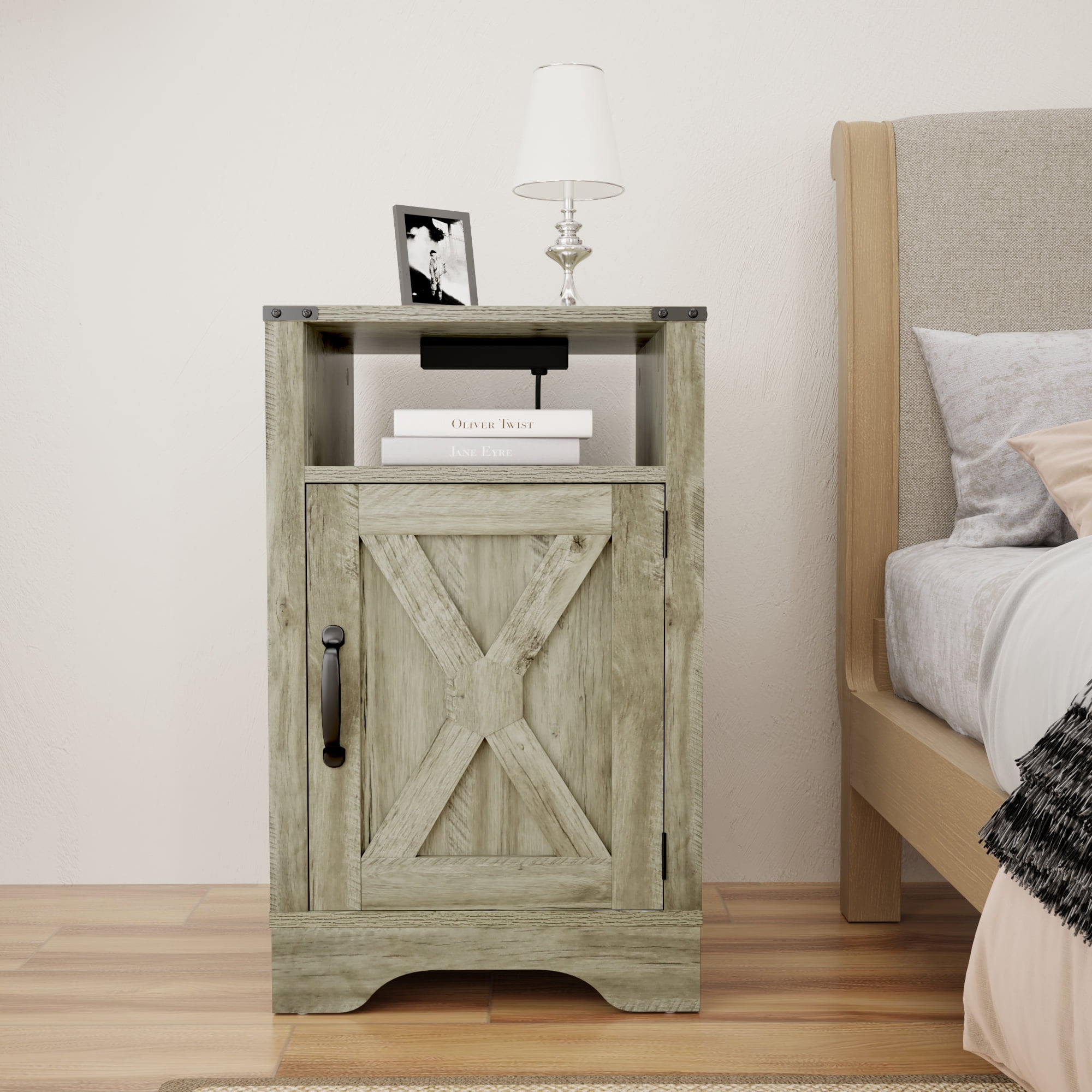 Superjoe Farmhouse Nightstand w/Charging Station, Wooden Rustic Tall Bedside Table, End Table w/Storage Shelf & Shelf for Bedroom, Living Room, Light Gray
