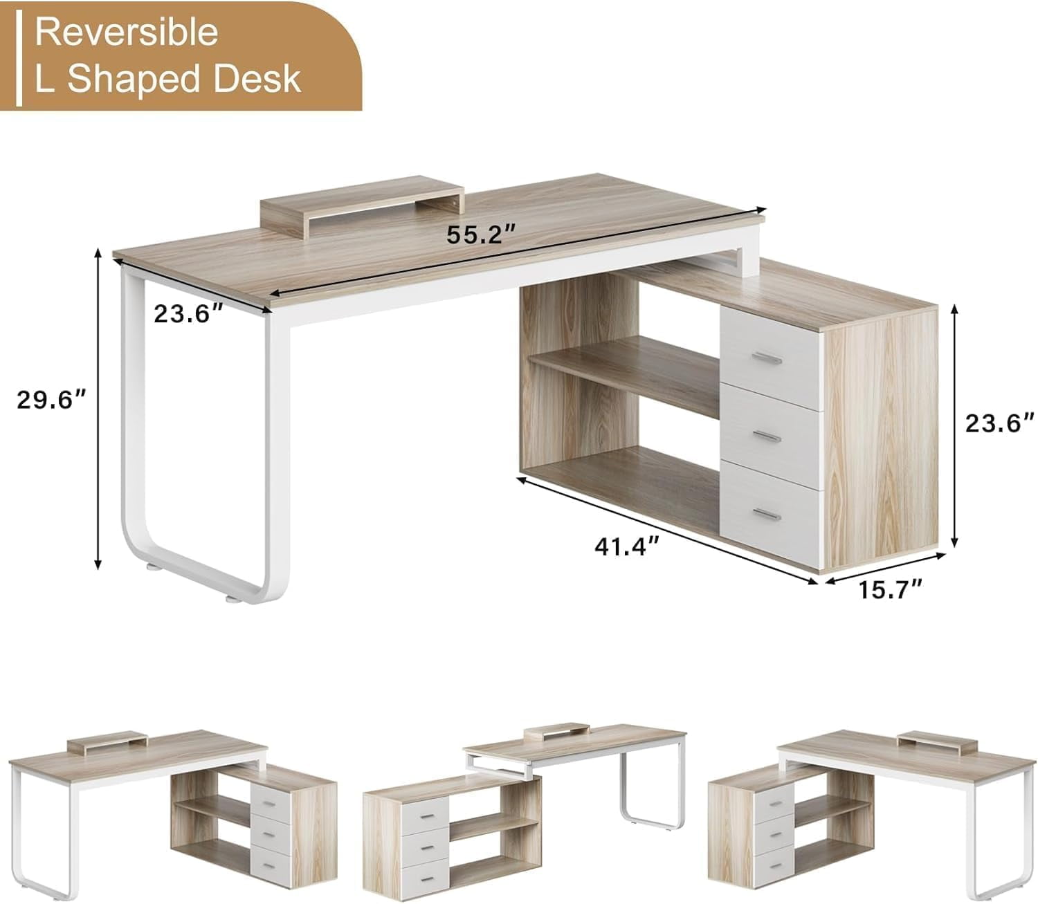 DreamCurship 55 Inch Reversible L Shaped Desk with 3 Storage Drawers, Computer Desk with Shelves and Monitor Stand, Corner Desk for Small Spaces, White and Walnut