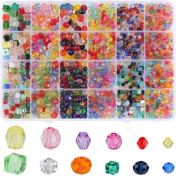 1 Box 1710Pcs Bicone Acrylic Beads Faceted Colorful Glass Beads Rondelle Round Cube Facet Briolette Transparent Small Spacer Loose Bead for Jewelry Making Necklace Bracelet DIY Craft Multi-color