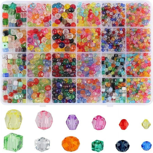 1 caja de 1710 cuentas acrílicas bicono facetadas de colores, cuentas de vidrio, redondas, cúbicas, facetadas, briolette, transparentes, pequeñas cuentas espaciadoras sueltas.