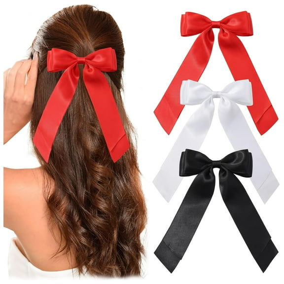 1PC Satin Hair Bows for Women Large Hair Barrettes Ribbon for Girls Giant Long Bow Hair Clips Ponytail Holder Silk Big Hair Clips Accessories for Women(Black)