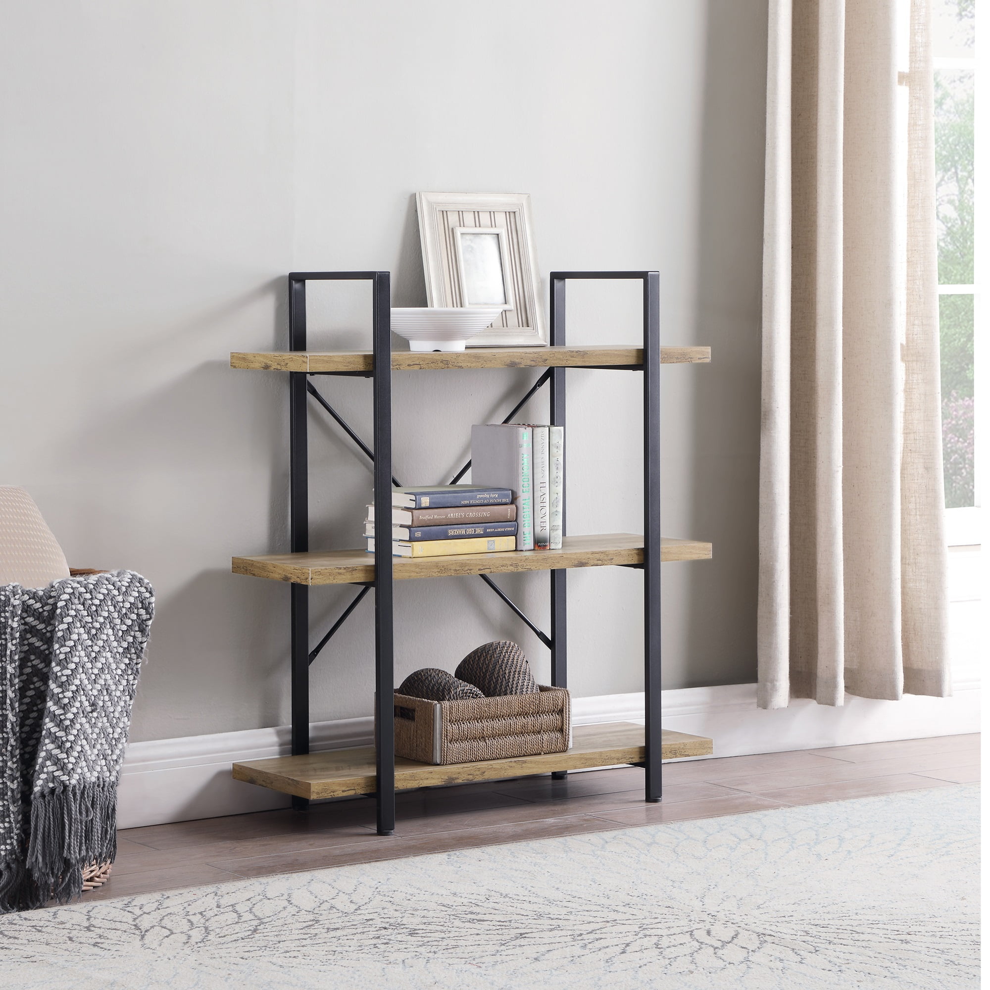 BELLEZE 3 Tier Industrial Bookshelf Open Wide Office Etagere Book Shelf