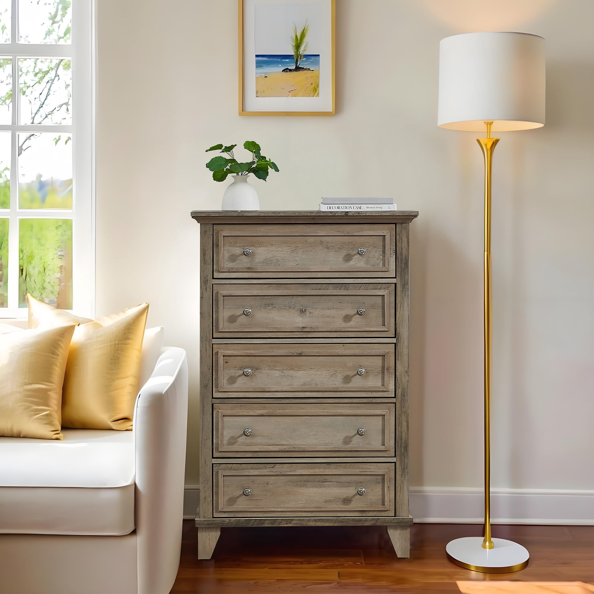 5 Drawer Dresser for Bedroom, 48" Tall Modern Chest of Drawers with Deep Drawers, Wood Storage Cabinet with Vintage Metal Handles for Living Room, Hallway, Grey