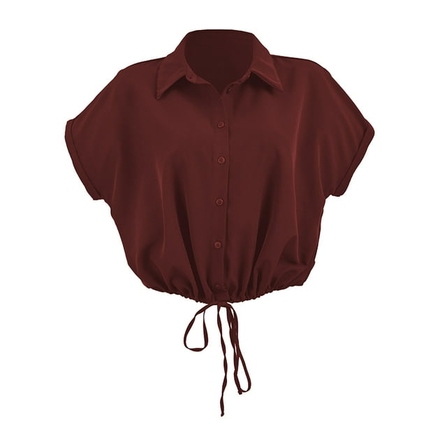 Blusa George para Dama Camisera Tipo Kimona con Ajustadores en Ruedo Vino Talla EG, blusa tipo kimono de manga corta con botones frontales y cordones ajustables en el ruedo, color vino, cómoda y elegante para ropa para mujer, ideal para uso diario y como top casual para combinar con diferentes estilos.
