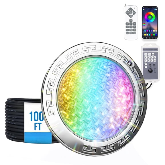 Foxlux Pool Lights for Inground Pools, 10-Inch RGB LED Color-Changing Underwater Light, 60W, AC 120V, 100ft Cable with Controller, Remote & APP Control, IP68 Waterproof