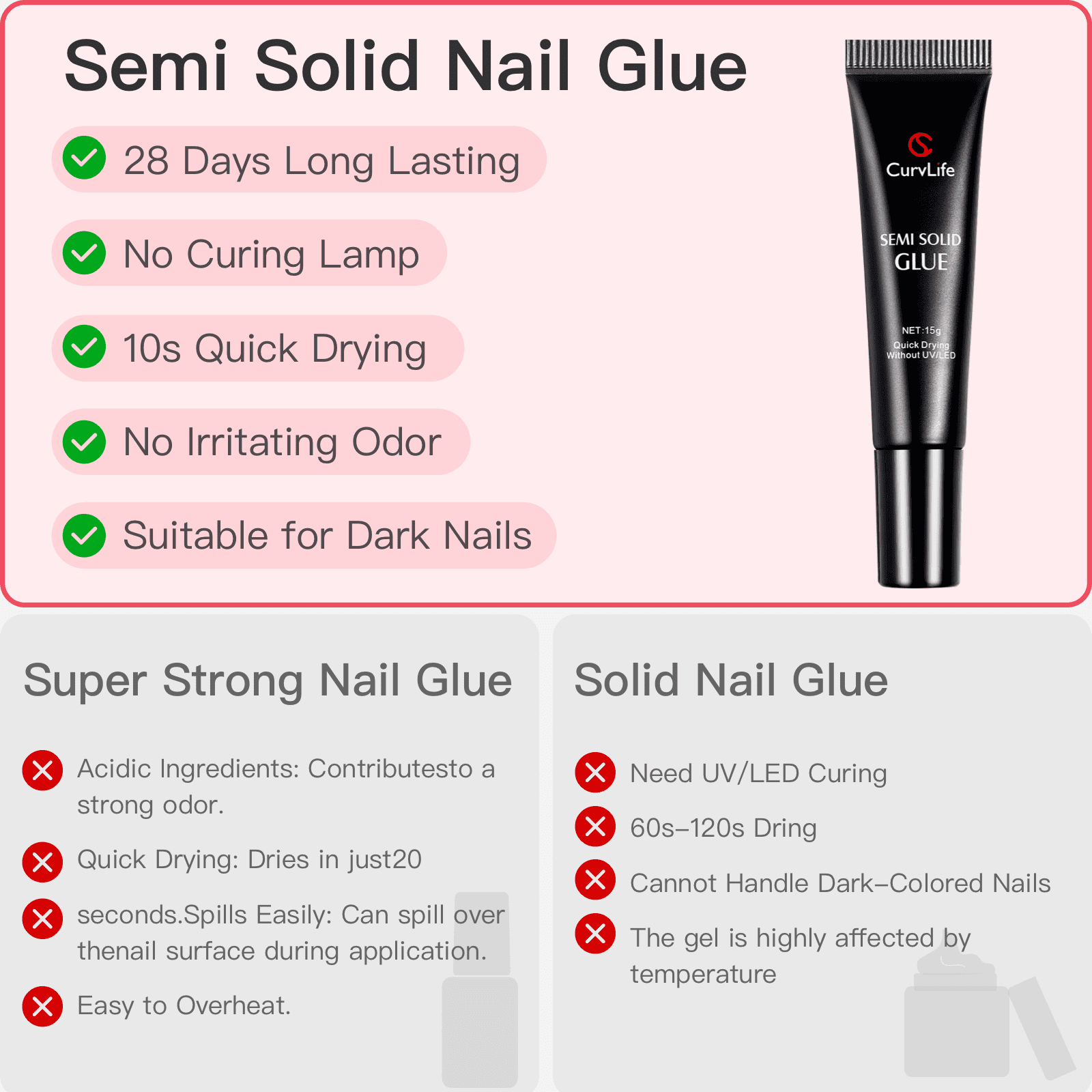 Curvlife Super Strong Nail Glue 15g for Press On Nails - Quick Drying, Semi Solid, Long Lasting, No UV Light Needed