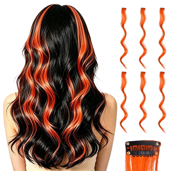 Uxcell 6 Pcs Colored Clip in Hair Extensions, 22 Inch Curly Hair Wavy Extensions for Women Girls Highlights Synthetic Wig for Party Cosplay Daily Hair Styling, Orange