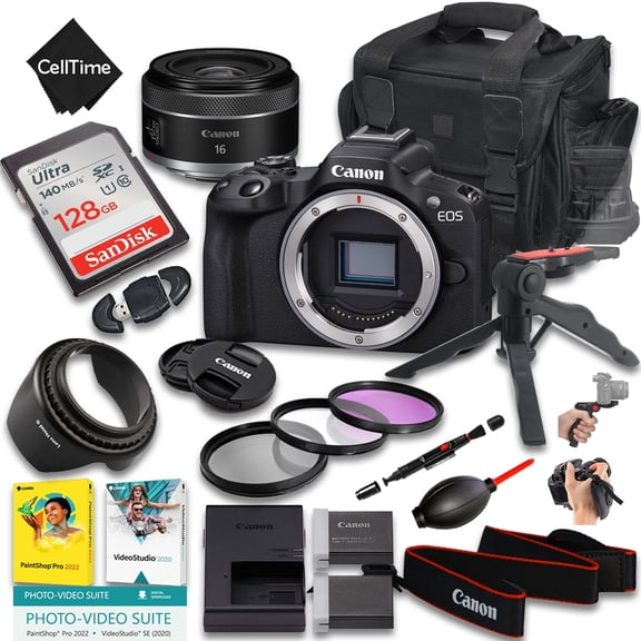 Canon EOS R50 Mirrorless Camera with RF 16mm f/2.8 STM Lens   128GB Memory   Extra Battery   Camera Case   Grip Tripod   More (19pc Bundle) (International Version)