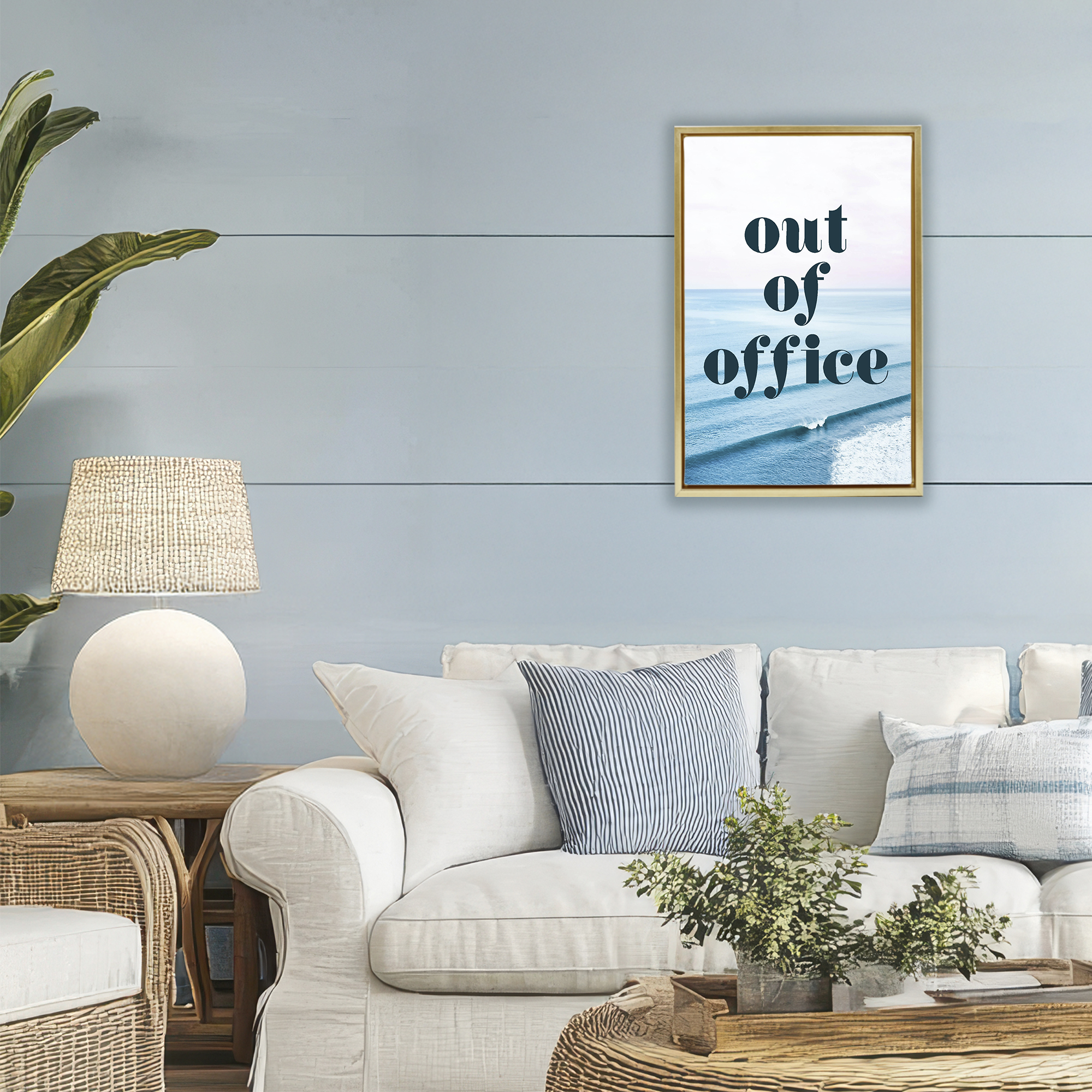 Out of Office Ocean Waves Gold Framed Floater Canvas Wall Art, design by Lil' Rue