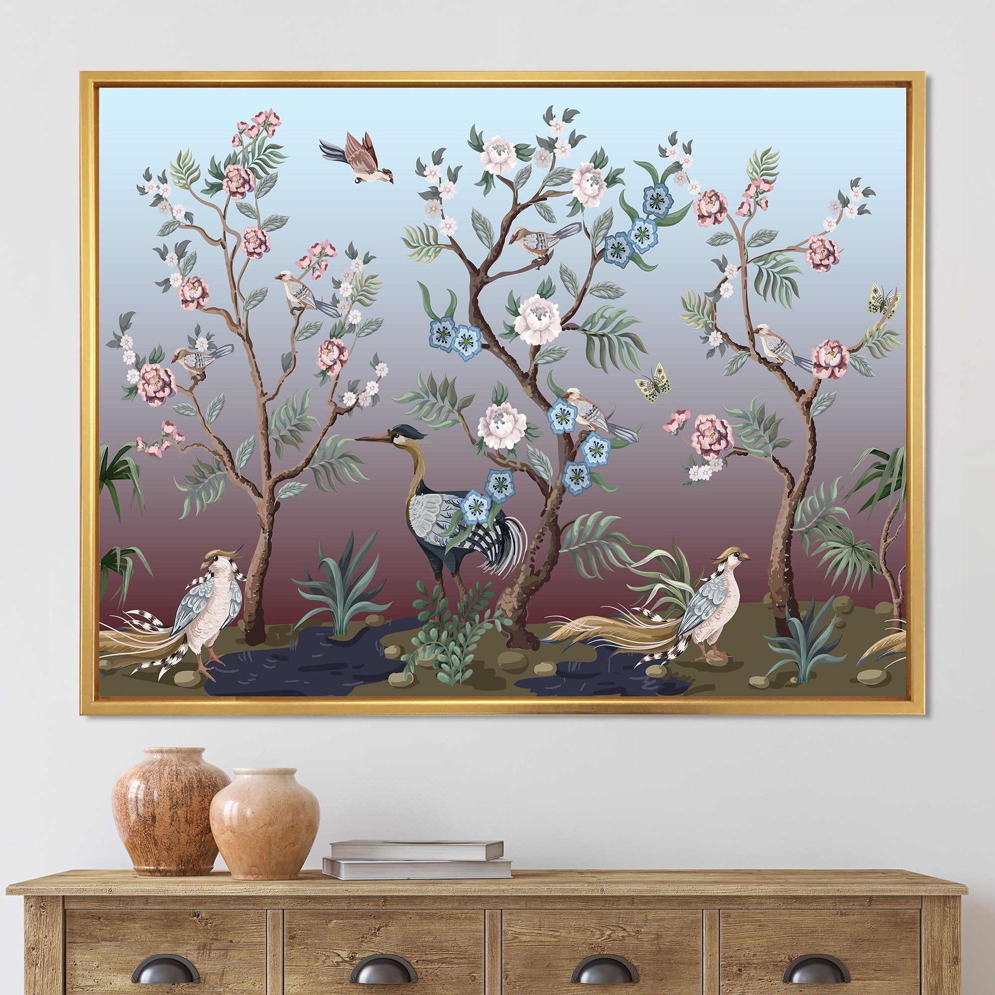 Designart 'Chinoiserie With Peonies and Birds XI' Traditional Framed Canvas Wall Art Print