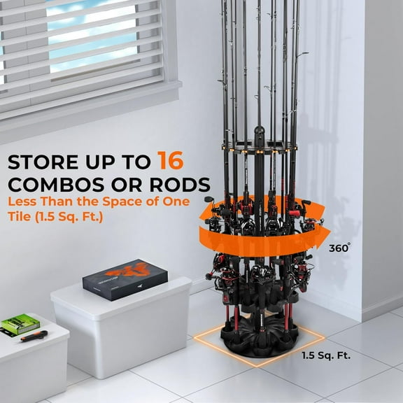 V16 Fishing Rod Rack with Rotating Base - Holds 16 Rods, Lightweight ABS Construction, Space-Saving Storage for Garage