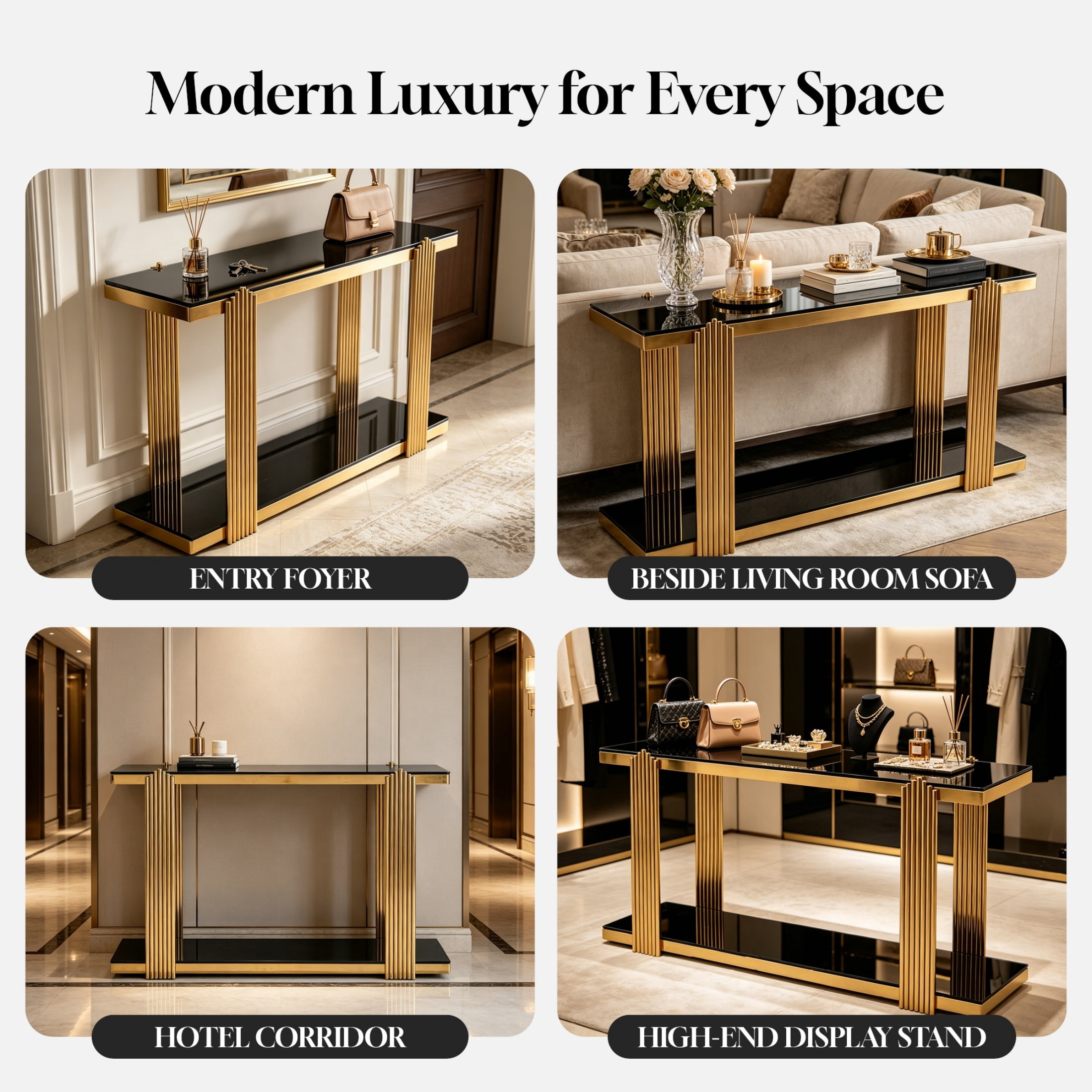 2-Tier Storage Tempered Glass Shelf Console Table, Two-Tone Entryway Display Table, Accent Mirrored Sofa Table for Living Room/Hotel