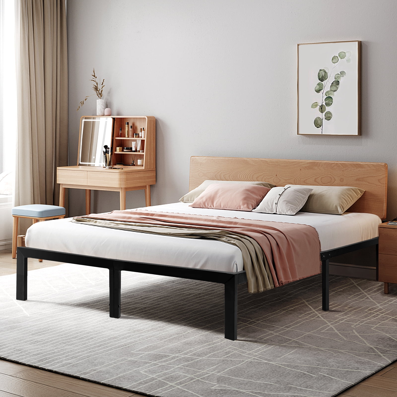 Mainstays Wood Slat Black Metal Platform Bed Frame With Wood Legs, Full