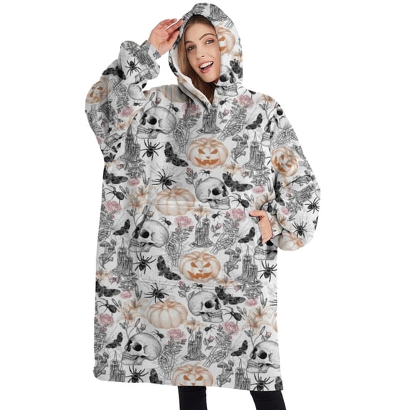 Oversized Wearable Blanket Hoodie,White Halloween Skull Pumpkin Pattern Sherpa Blanket Hoodie with Super Pockets,Super Warm Fuzzy Pullover for Women & Men
