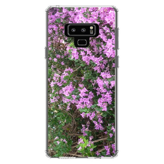 DistinctInk Clear Shockproof Hybrid Case for Samsung Galaxy Note 9 - TPU Bumper, Acrylic Back, Tempered Glass Screen Protector - Purple Flowers Mykonos Greece