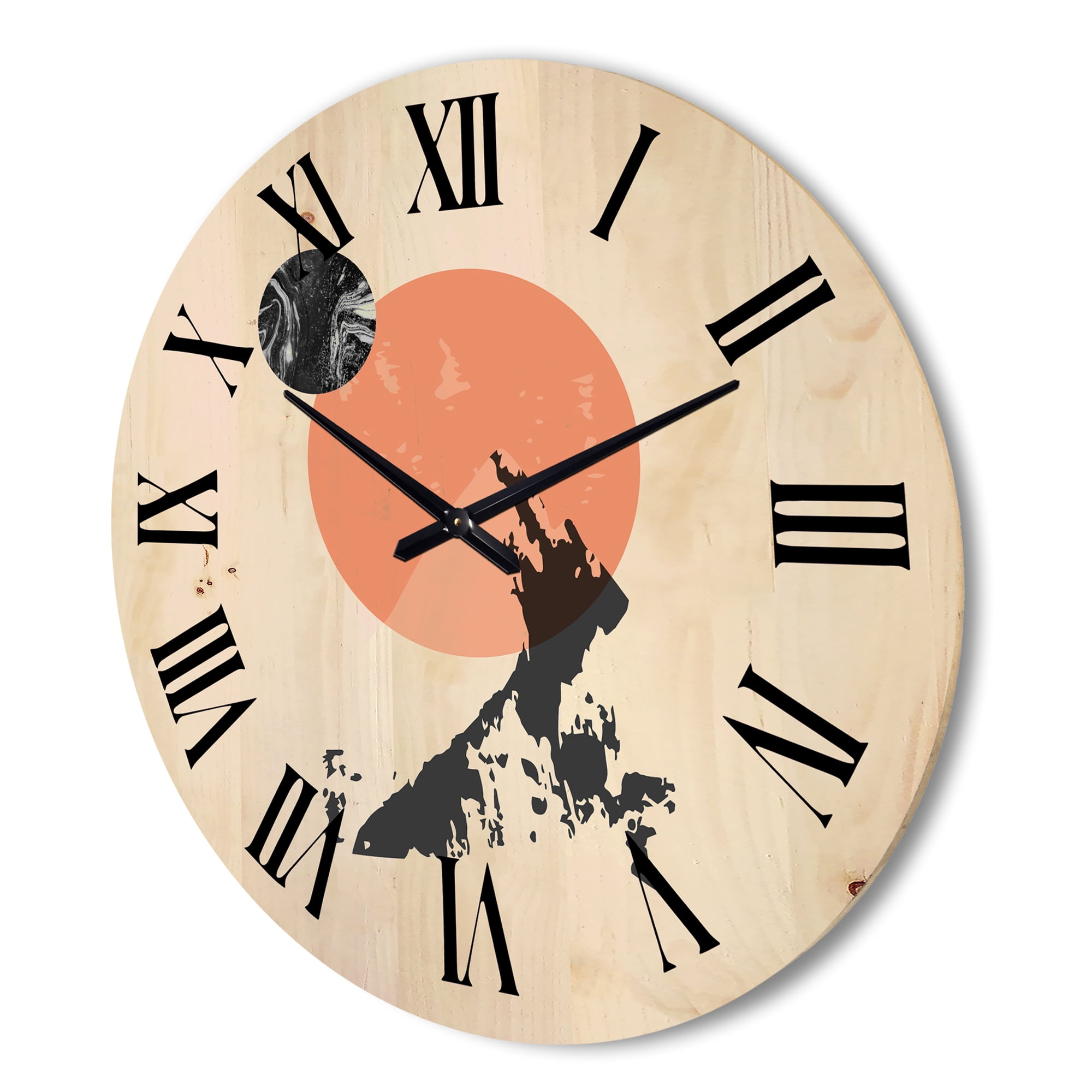 Designart 'Modern Minimalist Mountain Moon and Sun' Modern Wood Wall Clock