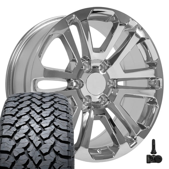 OE Wheels CV99 20 Inch Rims and Tires Fit Sierra 1500 Style 6x139.7 20x9 Chrome - Hollander 4741 - TS-37 AT 275/55-20 (Set of 4)