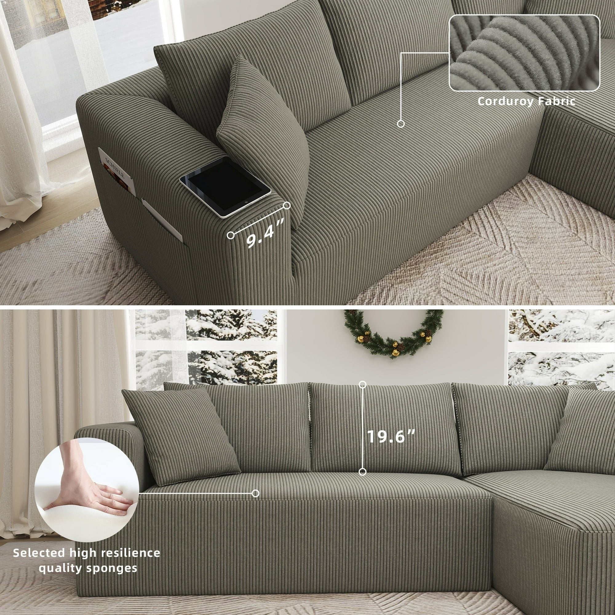 AENKYO 104 Modular L-Shaped Sectional Sofa with Chaise Lounge, Cloud Couch Deep Seat, Corduroy Upholstered Living Room Furniture, No Assembly Required, Gray