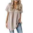 thumbnail image 1 of Womens spring And Summer Solid Color V-neck Short-Sleeved Loose Pleated Tops, 1 of 4