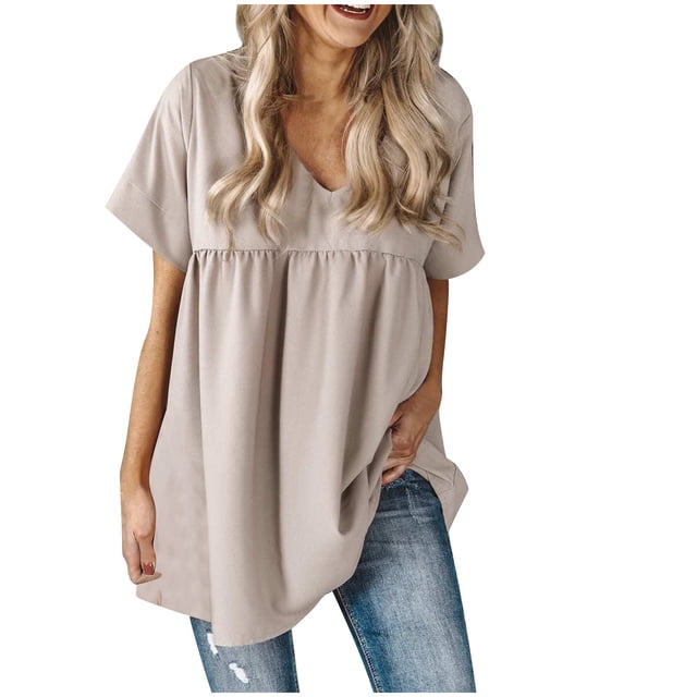Womens spring And Summer Solid Color V-neck Short-Sleeved Loose Pleated Tops