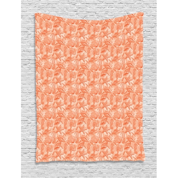 Shells Tapestry, Sketched Warm Colored Seahorse Starfish Scallops and Lace Murex, Wall Hanging for Bedroom Living Room Dorm Decor, 40W X 60L Inches, Burnt Sienna Rust Pale Orange, by Ambesonne