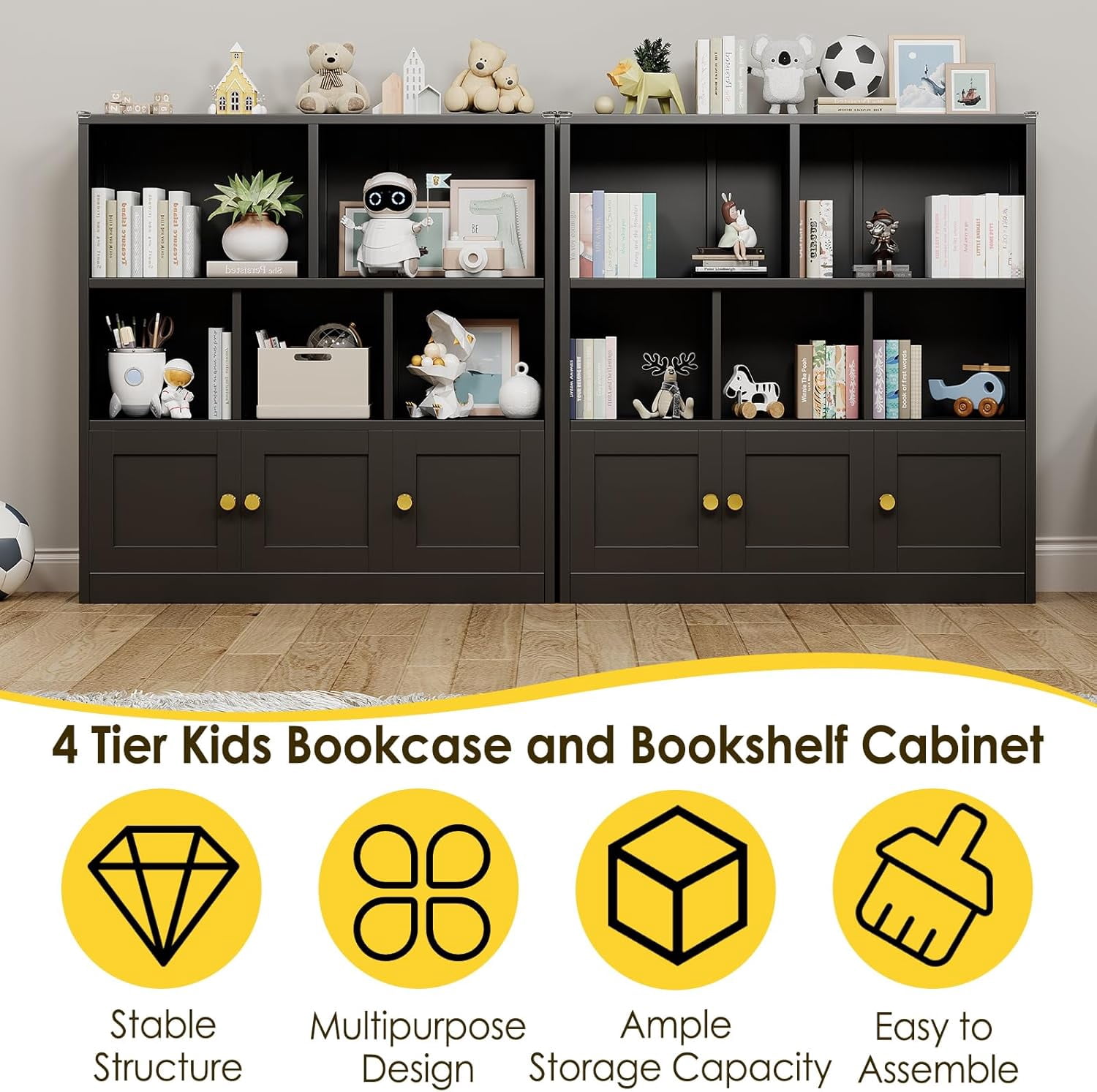 Toy Storage Organizer and Metal Kids Bookshelf with 3 Storage Cabinet and 5 Open Shelves, Multifunctional Display Shelf for Bedroom & Playroom, Ideal for Organizing Books, Toys & Decor, Black
