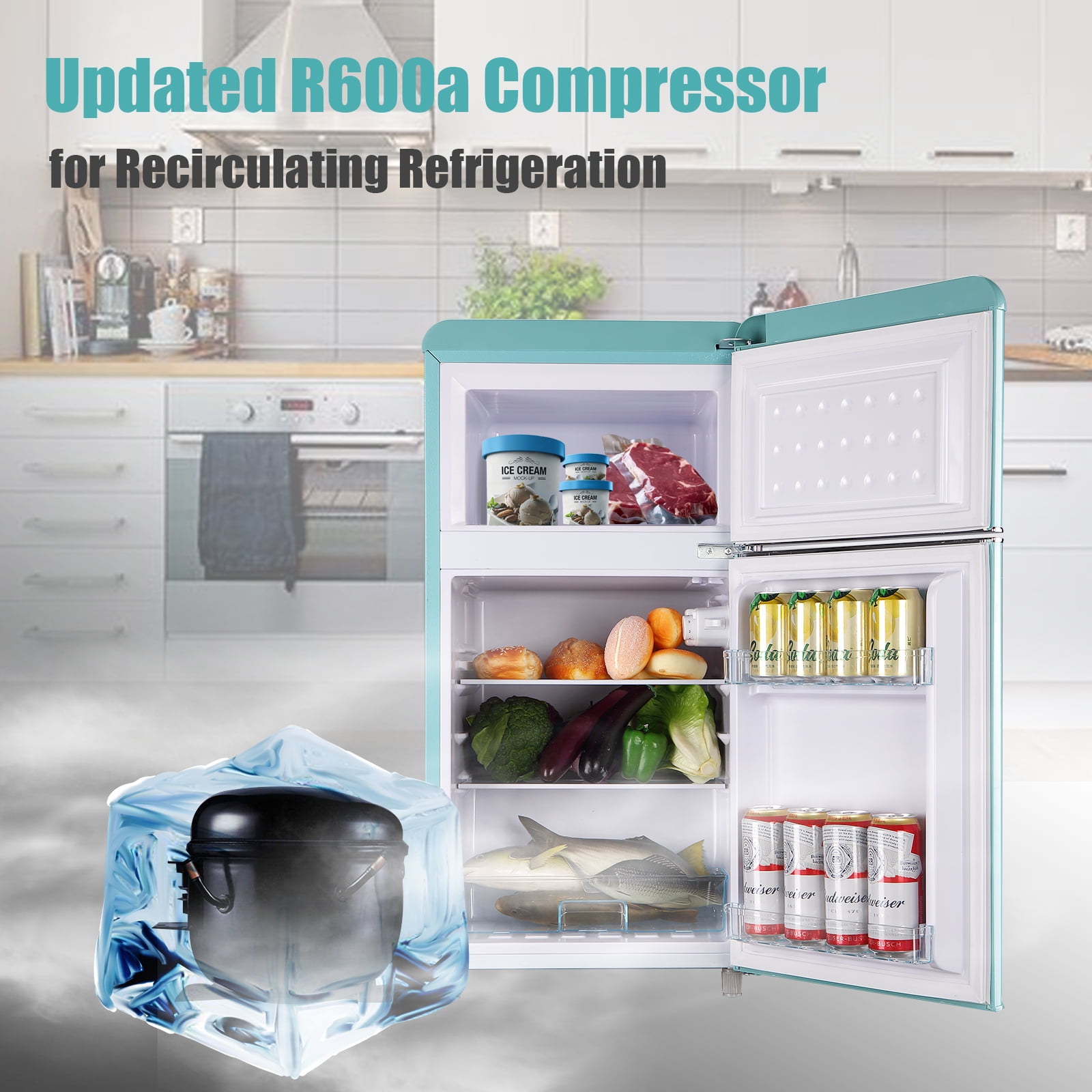 Wanai Compact Refrigerator 3.2 Cu.Ft Classic Retro Refrigerator 2 Door Mini Refrigerator Adjustable Remove Glass Shelves Refrigerator Suitable for
