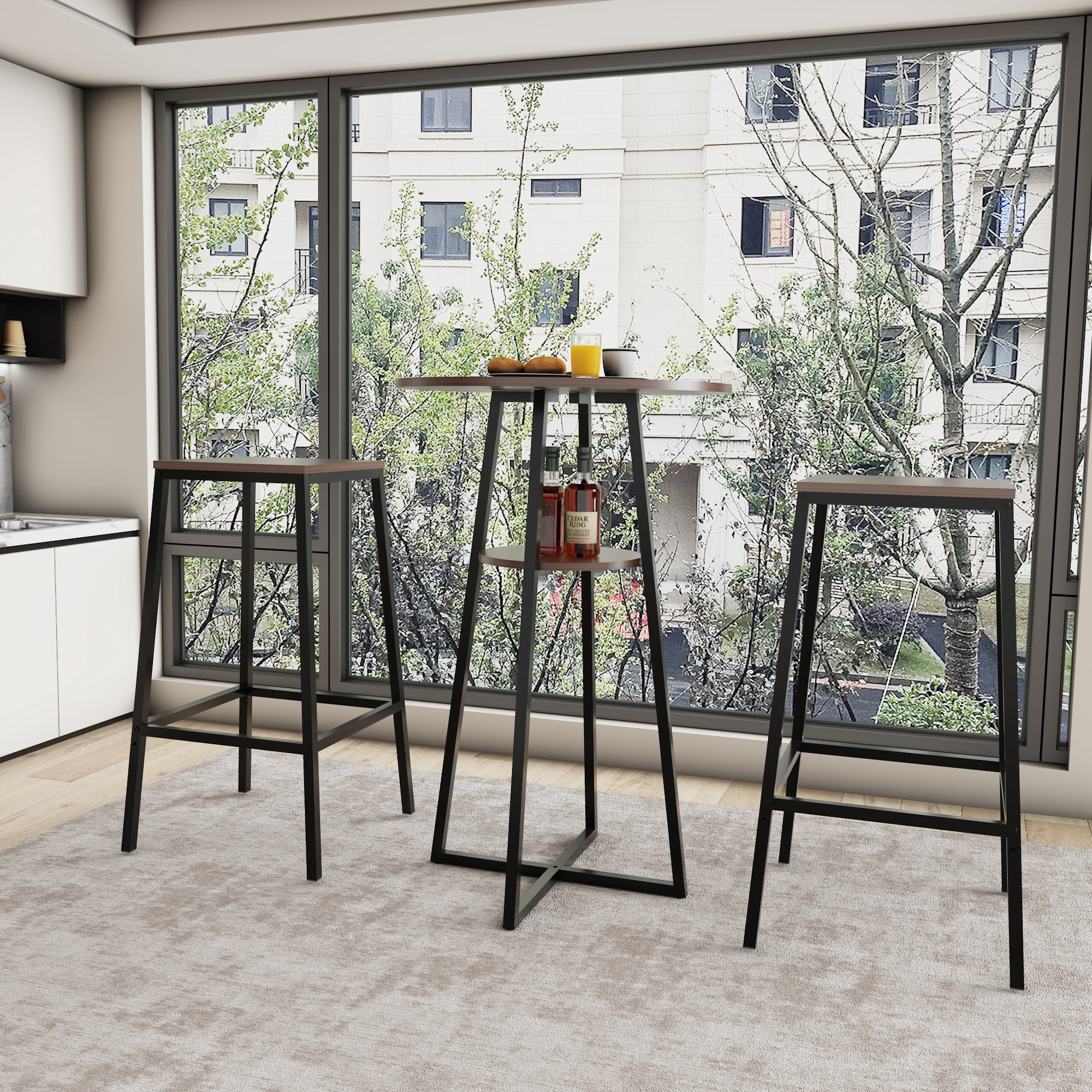 HOQBN 3 Piece Counter Height Bar Table Set,Pub Bistro Table with 2 Backless Bar Stools and Middle Storage Shelf,Industrial Wood Frame High Dining Table for Balcony, Kitchen & Small Apartment Home