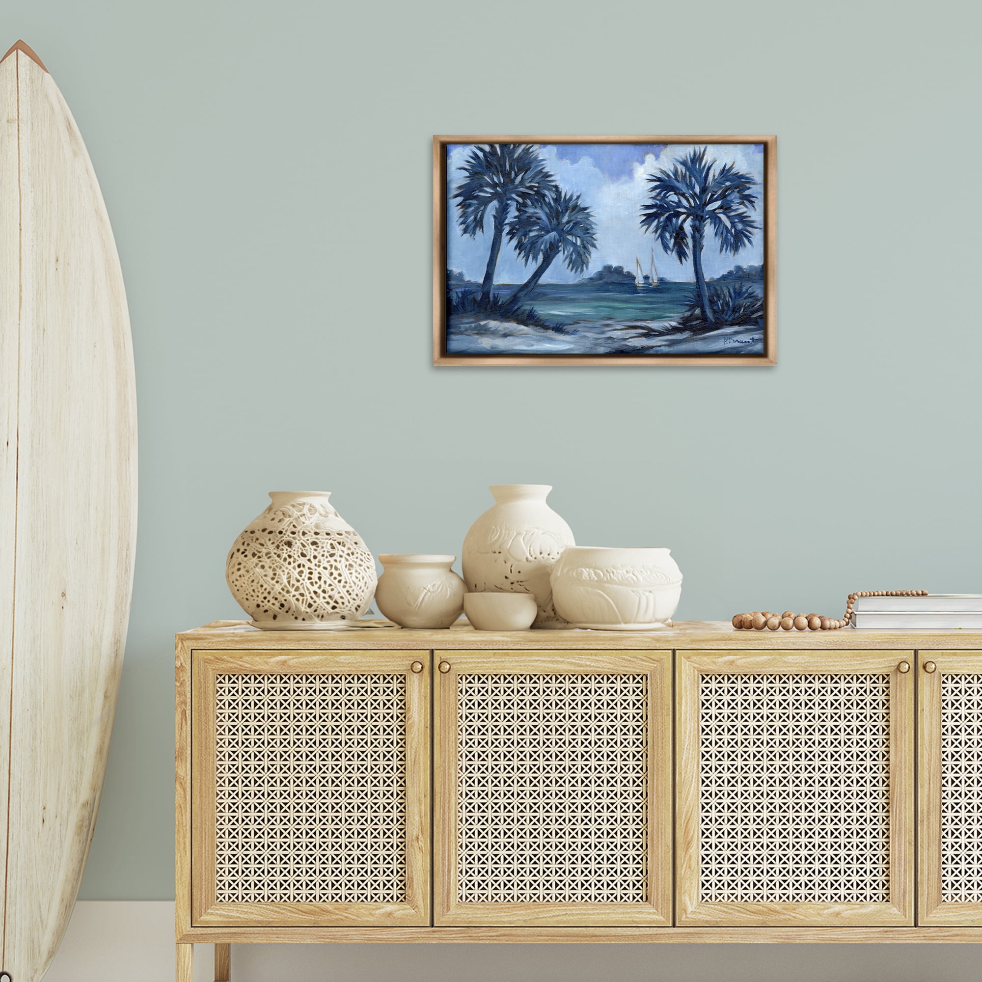 Stupell Industries Indigo Palms Impressions Landscape Painting Brown Floater Framed Canvas Art Print Wall Art, 25 x 17
