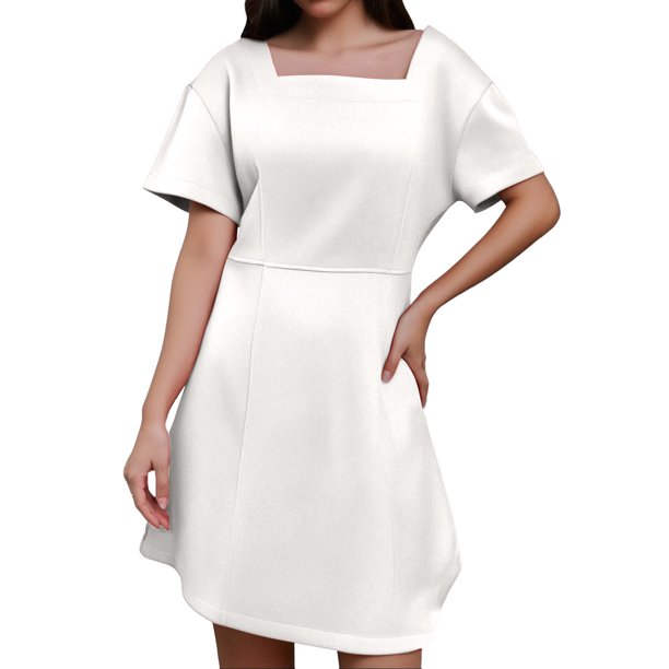 Vestido informal de manga corta con cuello cuadrado para mujer - Vestido mini con volantes de poliéster, tallas S-XL