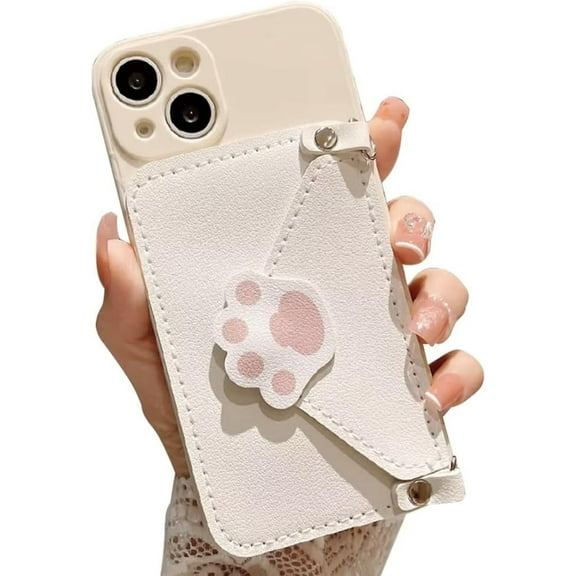 White Phone Case with Cute Cat Paw Card Holder & Adjustable Shoulder Strap, Shockproof Soft Case for iPhone 12 Pro