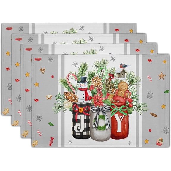 Christmas Placemats Set of 4, 12x18 Inch Winter Xmas Pine Picks Gingerbread Snowman Print Washable Cotton Linen Table Place Mats for Holiday Party Kitchen Dining Table Decor