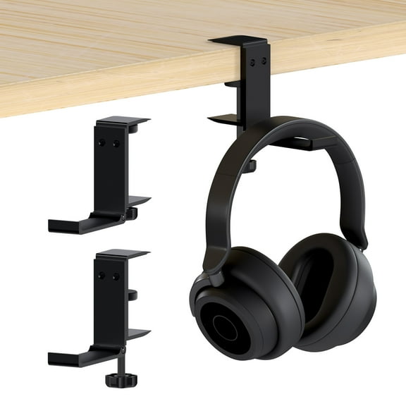 MMOBIEL Headphone Stand٫ Foldable Headset Stand٫ Under Desk Headphone Holder - Universal Fit٫ Adjustable Clamp and Space Saving - Gaming Headset Hook٫ Headset Holder Hanger Mount٫ Black Aluminum
