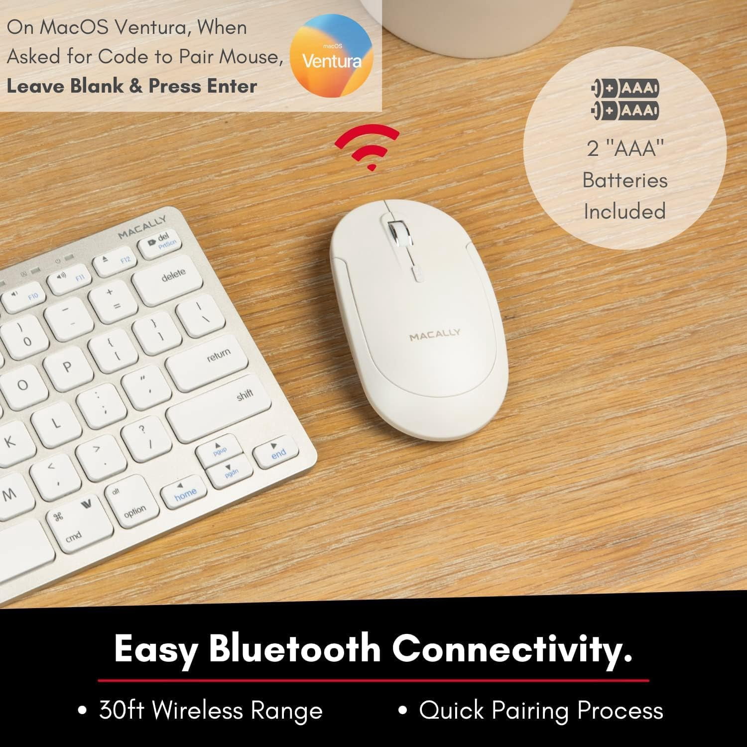 Macally Bluetooth Wireless Mouse - Quiet Click, Ergonomic Design, Compatible with Mac, MacBook, iPad, PC & Laptops - White