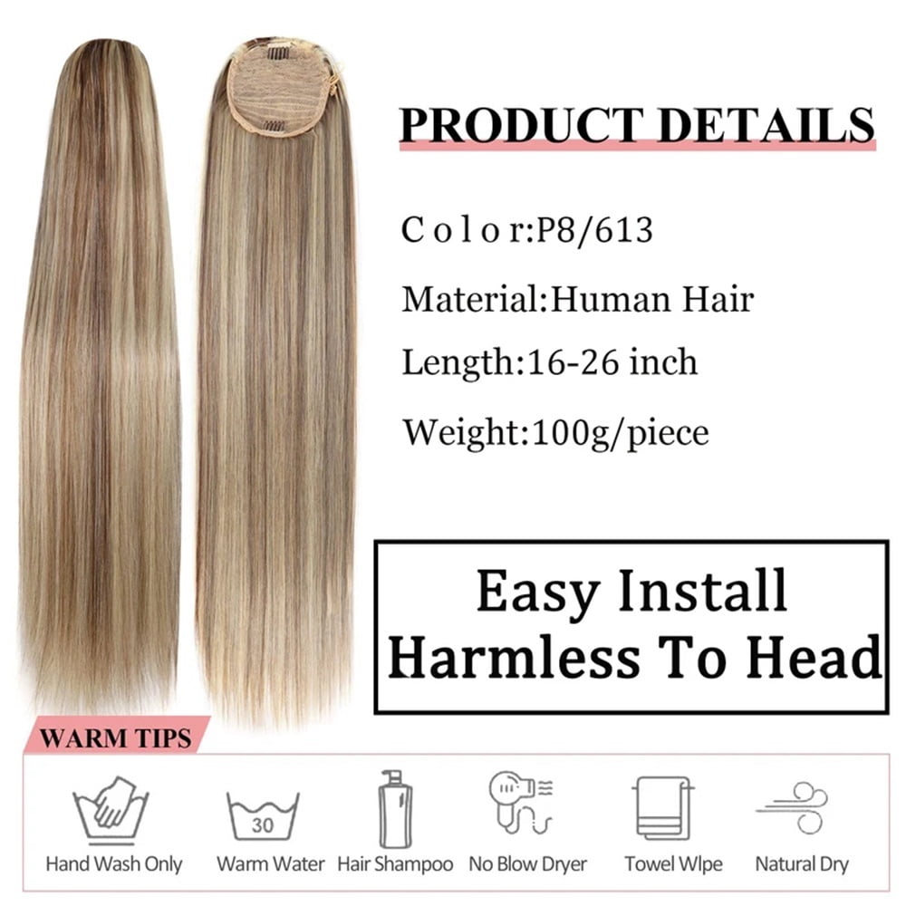 P8/613 Highlights Blonde Ponytail Extension 16-26 Inches Real Human Hair Straight Drawstring Ponytail Hairpiece