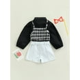 thumbnail image 4 of Kiapeise 3Pcs Toddler Girls Casual Outfit Long Sleeve T-Shirt Tops + Plaid Suspenders Vest + Denim Shorts, 4 of 9
