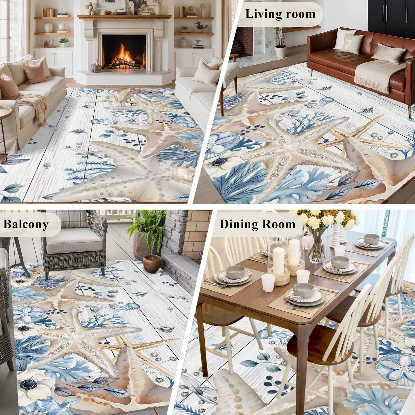 6'x9' Area Rugs, Blue Beige Coastal Indoor Outdoor Area Rug for Living Room Bedroom, Beach Starfish Summer Eucalyptus Retro Washable Bathroom Rugs Kitchen Floor Carpet Mats Home Decor Aesthetic