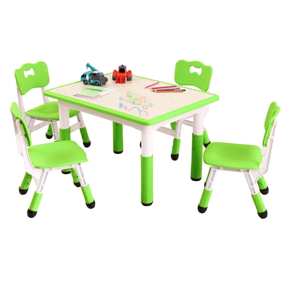 Conjunto de Mesa y 4 Sillas Infantiles, Verde Altura Ajustable Resistencia 136 kg, Escritorio con Superficie Tipo Graffiti y Patas Antideslizantes para Manualidades Estudio Actividades