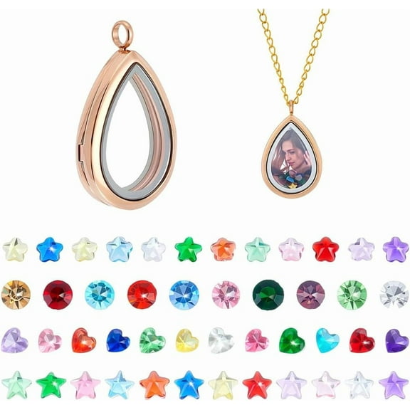 1set 1pc Locket Necklace Charm Floating Pendants Teardrop Memory Pendant Locket Necklaces with 56 Crystals Glass