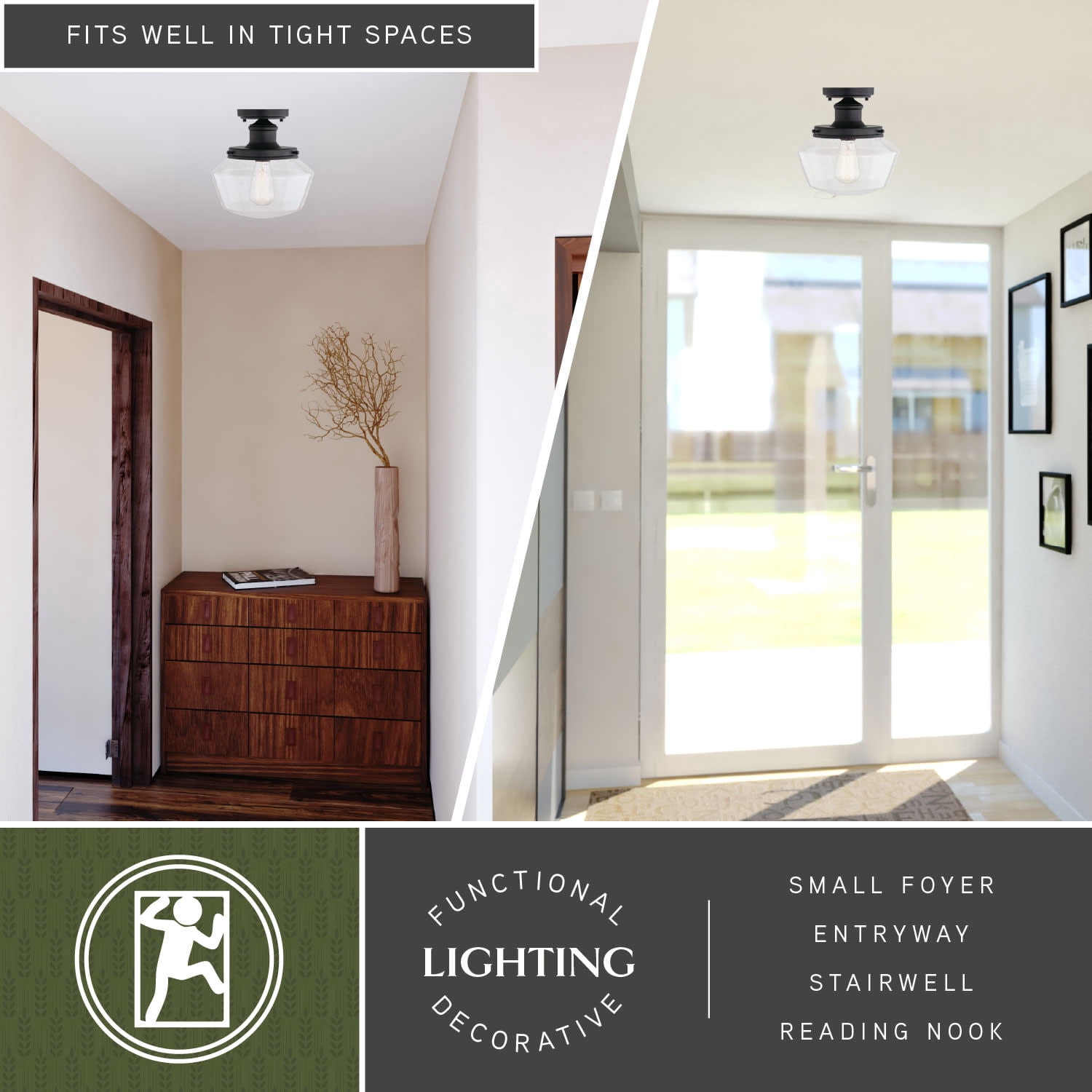Collins Black Farmhouse Outdoor Flush Mount Ceiling Light Clear Schoolhouse Glass